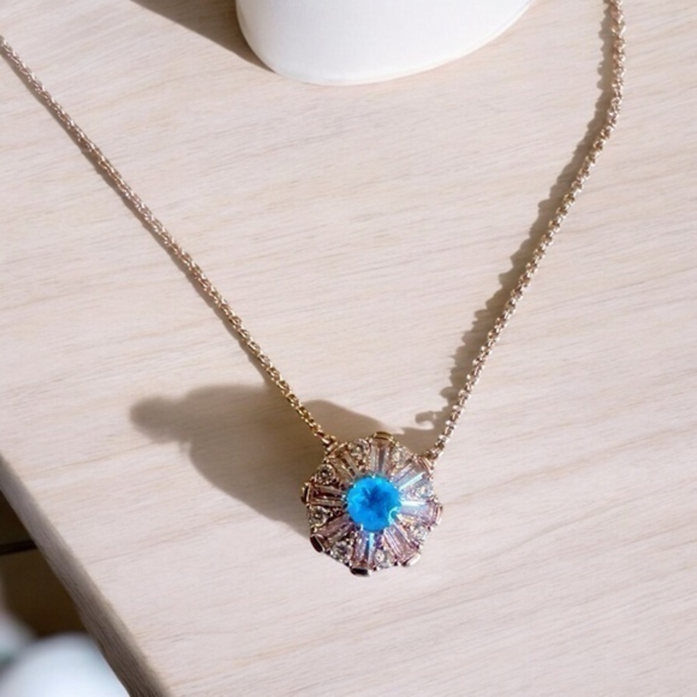 Bomb Party BP Necklace - Rose Gold Plated - Clear CZs and Blue Stone